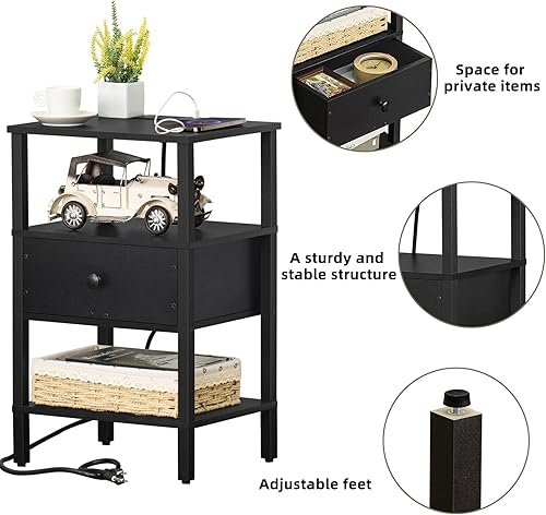 Miniatura 6 de Lerliuo Mesita de noche con estación de carga y puertos USB, mesa auxiliar de almacenamiento de 3 niveles con estante para cajones, mesita de noche