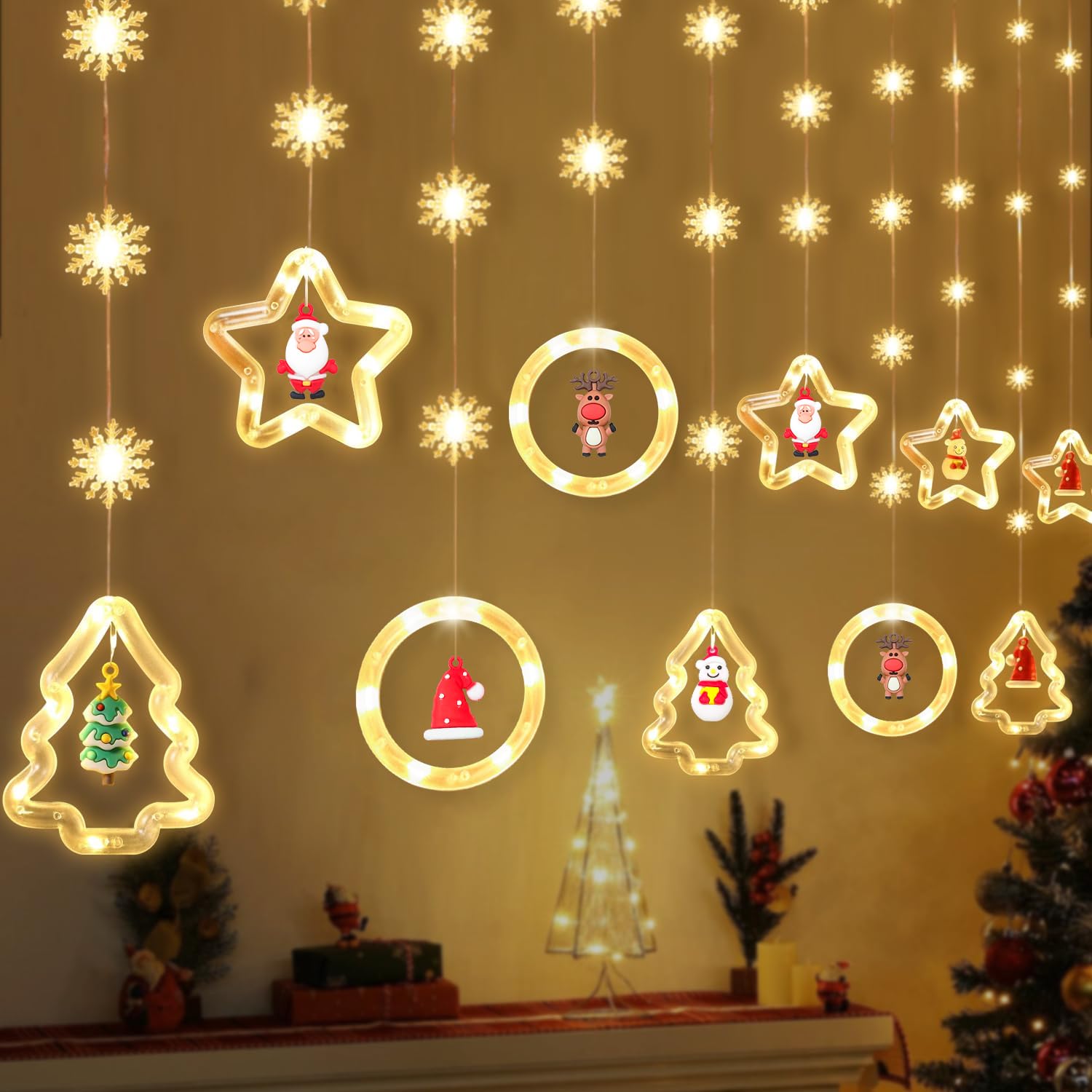 Juego de 10 luces LED de Navidad, 3 m, 8 modos, cortina de luces navideña, con mando a distancia, decoración para ventanas, IP44, resistente al agua, para interior y exterior