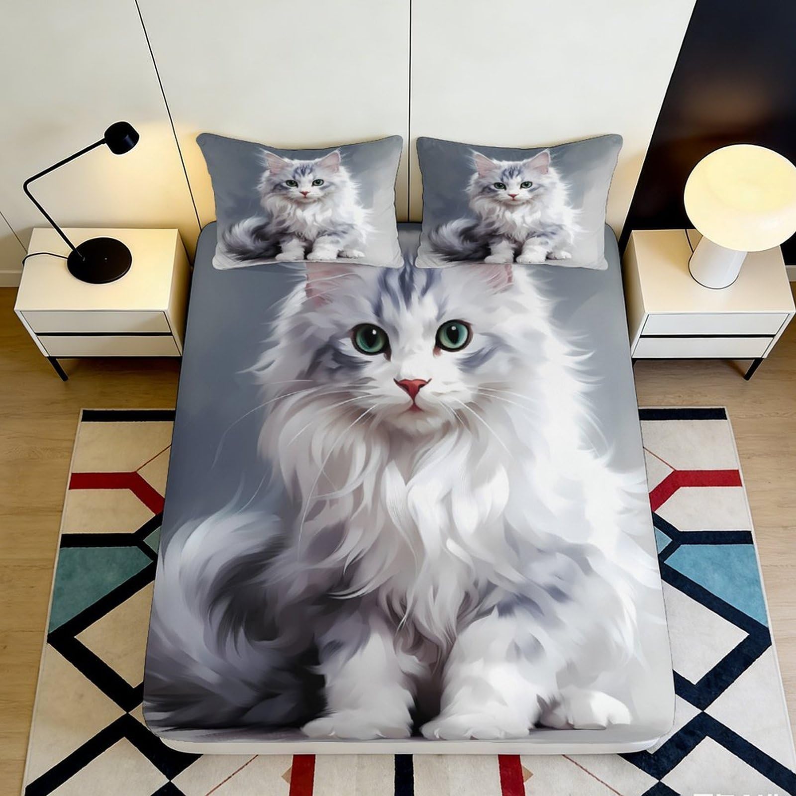 3D Printed Fluffy Cat Fitted Sheet Microfiber Soft Grey Kitten Bed Cover for Bedroom Dorm Easy Care Decor 90x200x25cm