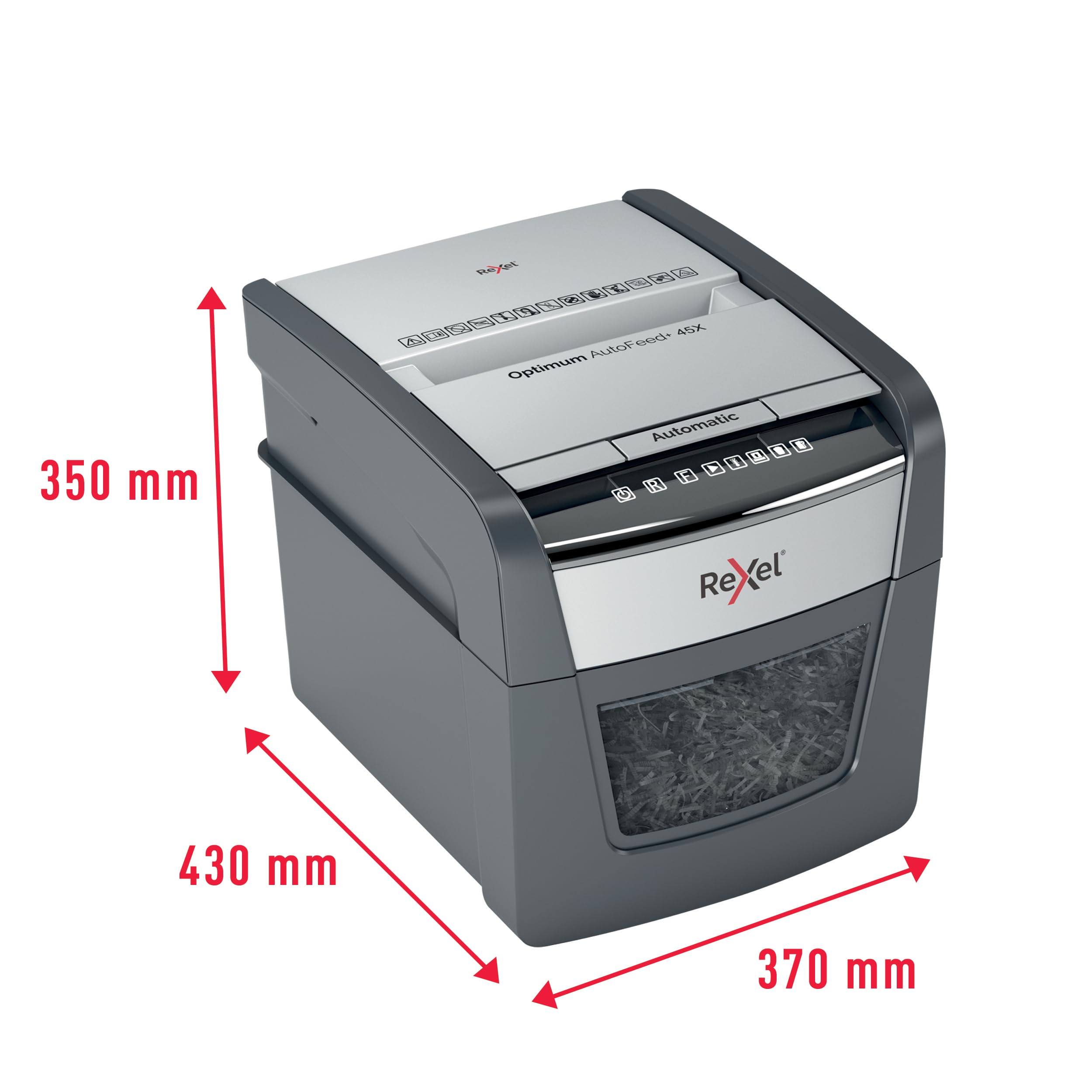 REXEL Optimum Auto Feed+ 45X, Distruggidocumenti Automatico, 45-50 Fogli (80-70 gr/mq), Taglio a Frammento, Livello di Sicurezza P-4, per la Casa e per l’Ufficio, Capacità 20 Litri, 2020045XEU