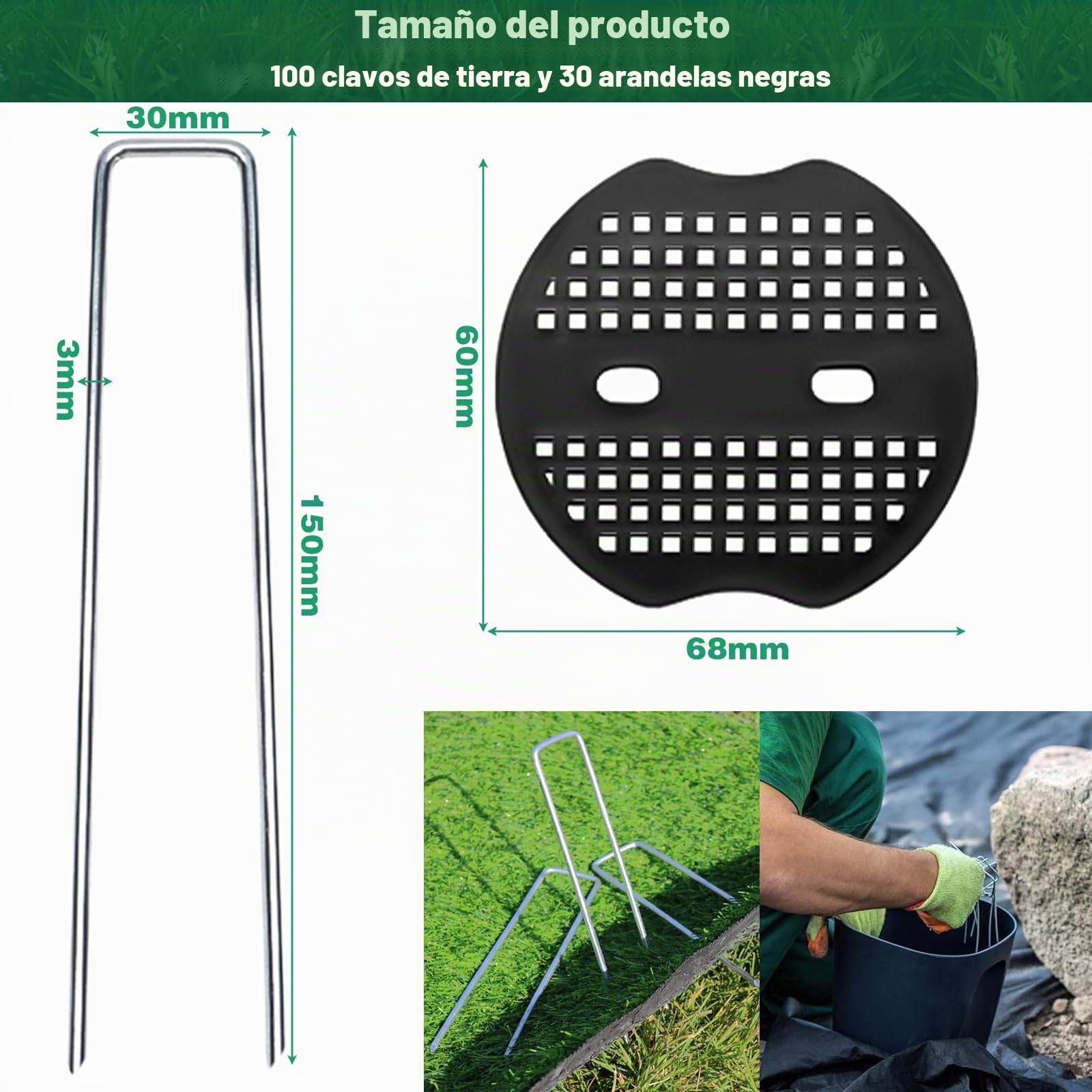Frasheng Grapas Césped Artificial, 100 Grapas para Jardín y 30 Arandelas, 150x30x3mm, Acero Galvanizado, Grapas para Malla Antihierba, Cesped Artificial y Jardin