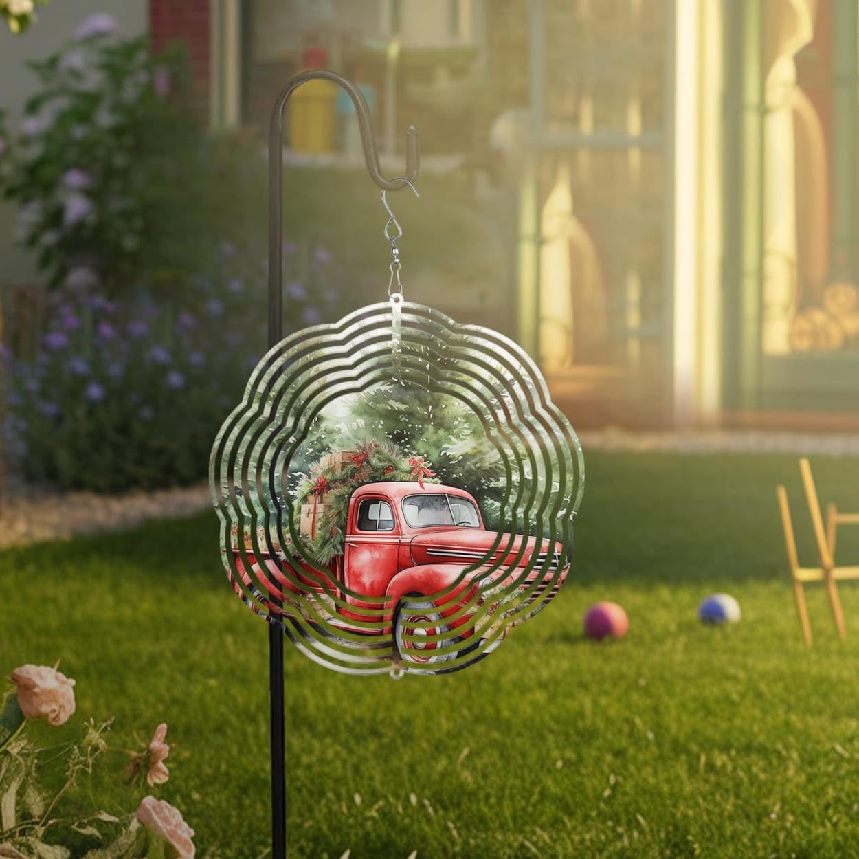 Red Truck Pine Tree Christmas Wind Spinners 3D Stainless Steel Laser Cut Metal Double Sided Printing-Hanging Indoor/Outdoor Decorations Yard Gardening Decor,Metal Kinetic Art 14x14 inches
