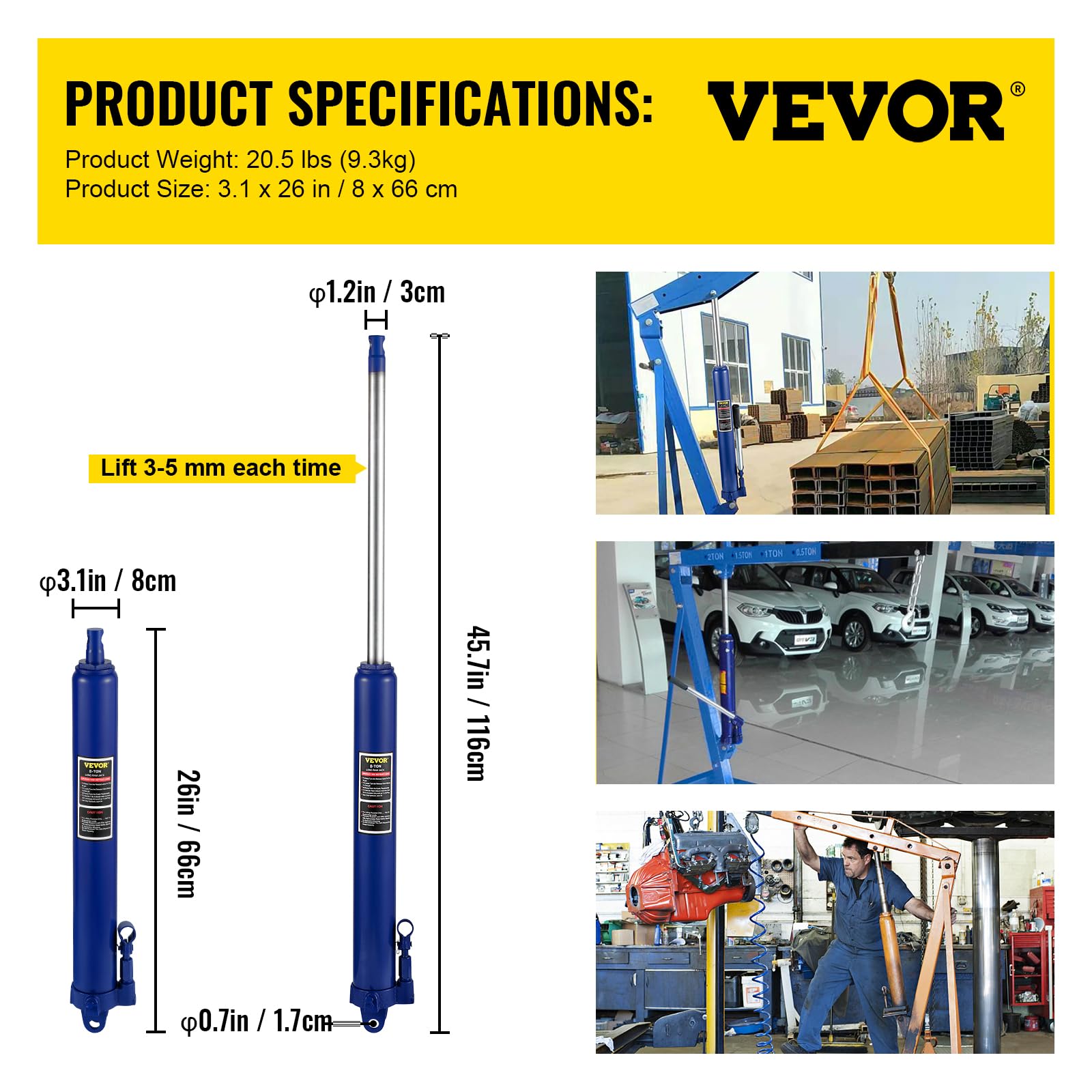 VEVOR Cric idraulico a pistone lungo, capacità 8 tonnellate, con pompa a pistone singolo e base a forcella, per gru da garage/negozio, paranco di sollevamento motore, blu