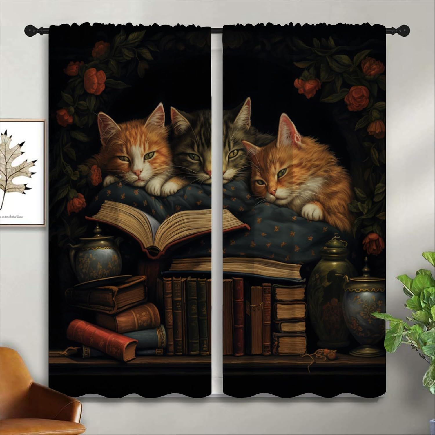 LHROOMJK Vintage Bookshelf Blackout Curtains for Boys Girl Bedroom Home Decor,Library Books Bookcase Cat Plant Floral Thermal Insulated Rod Pocket Darkening Living Room Window Drapes, 42 x 45 inch