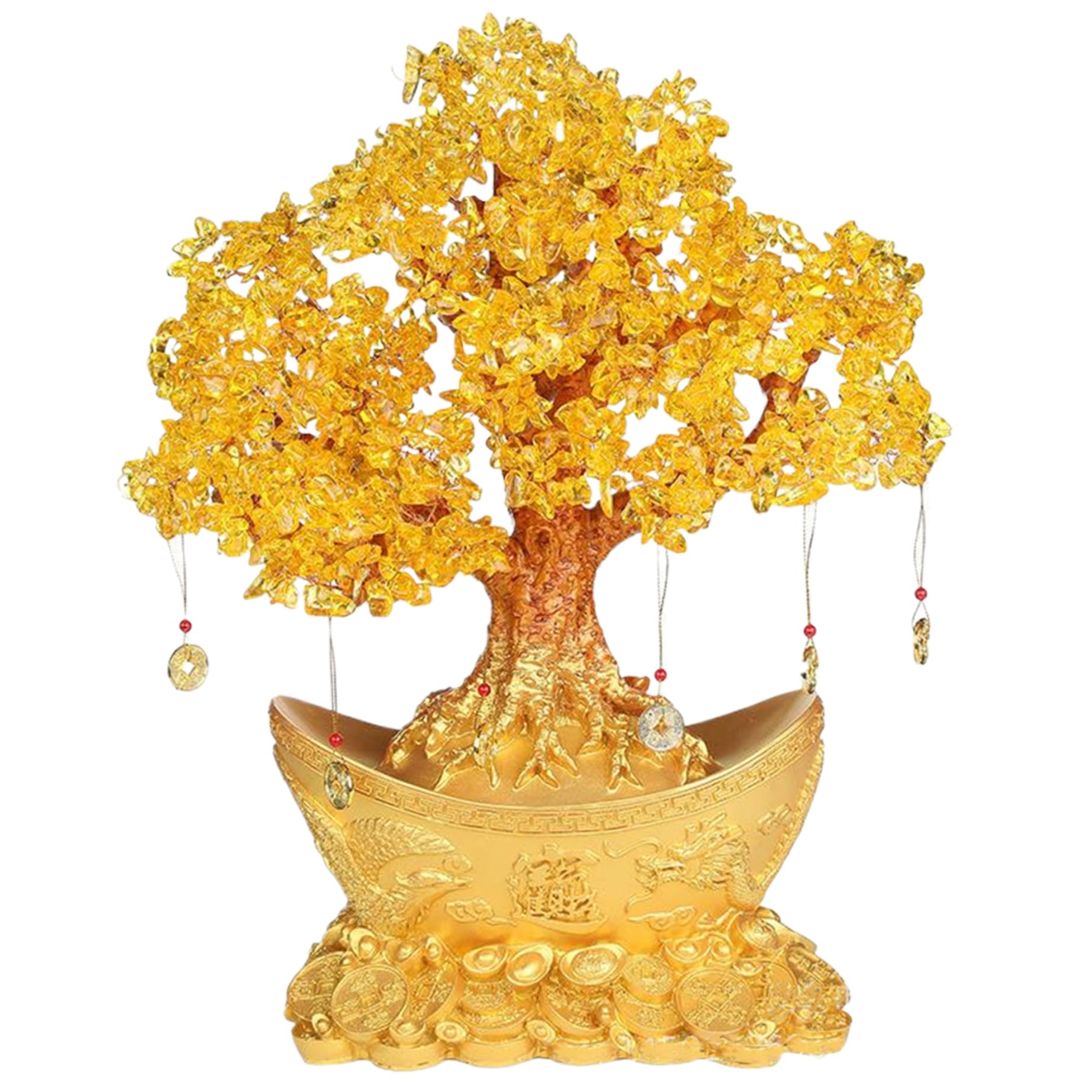 Arbre à Argent Doré Feng Shui avec Pendentif Cuivre Citrine Base Or