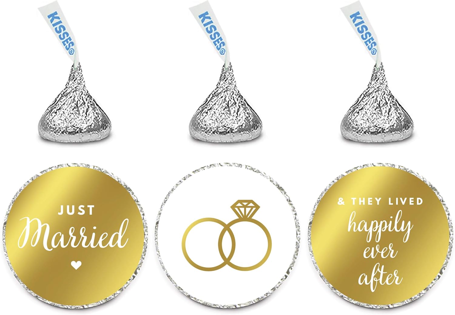Andaz Press Chocolate Drop Labels Trio, Metallic Gold Ink, Wedding Just Married, 216-Pack, Fits Kisses, Not Gold Foil, Gold Stationery, Invitations, Decorations
