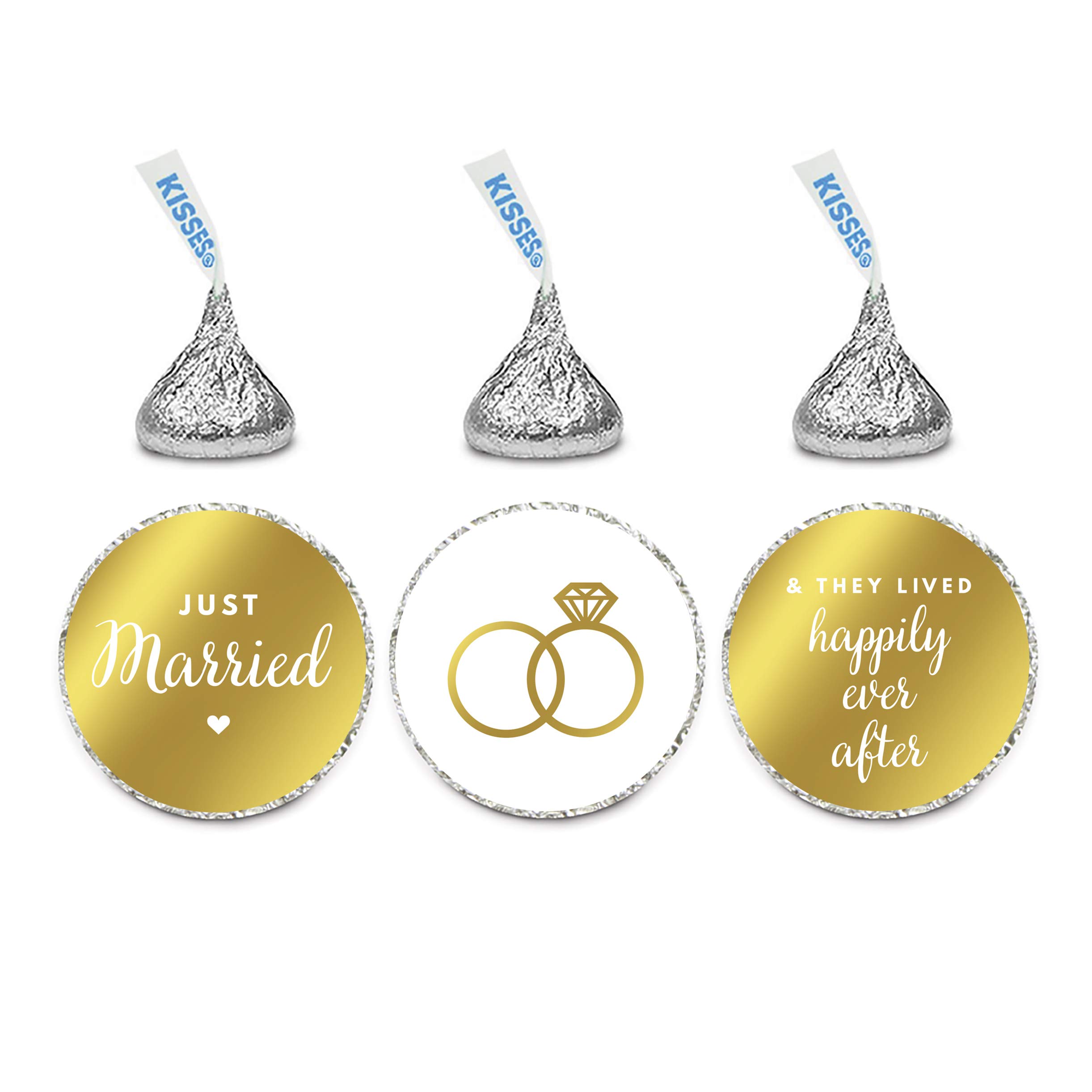 Andaz Press Chocolate Drop Labels Trio, Metallic Gold Ink, Wedding Just Married, 216-Pack, Fits Kisses, Not Gold Foil, Gold Stationery, Invitations,