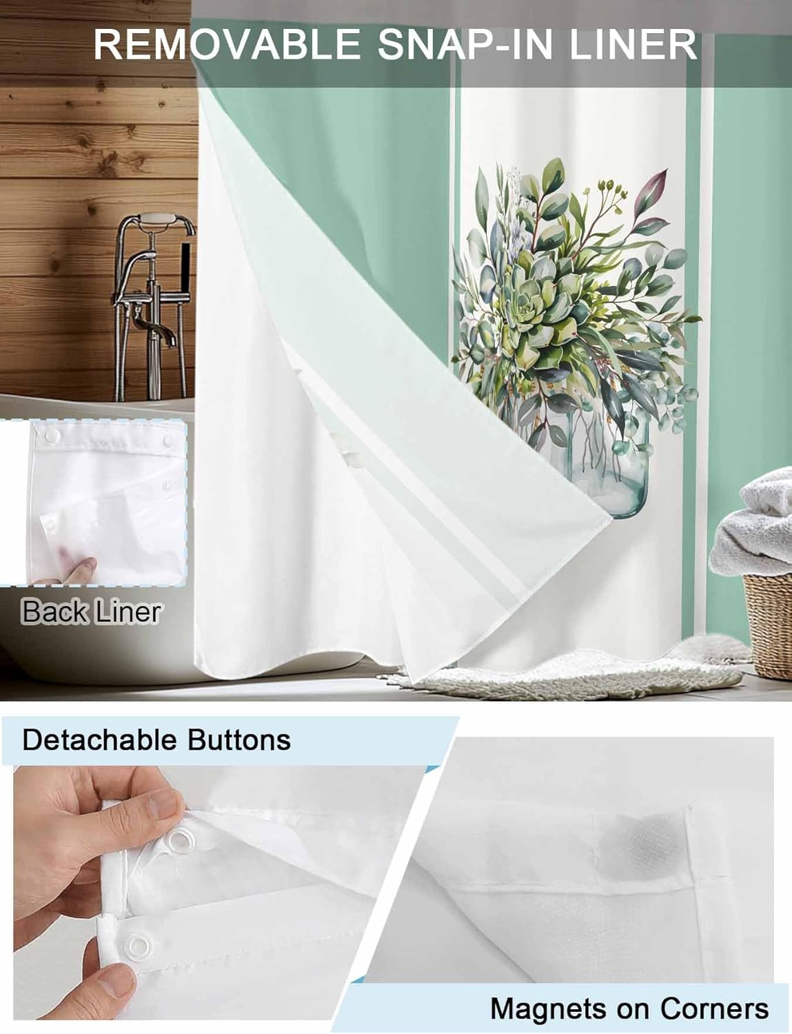 No Hook Shower Curtain and Snap in Liner Set, Sage Green Eucalyptus Leaves Fabric Bathroom Shower Curtains 60x72, See Through Mesh Top Window, Spring Summer Floral Botanical Flowers Hotel Style
