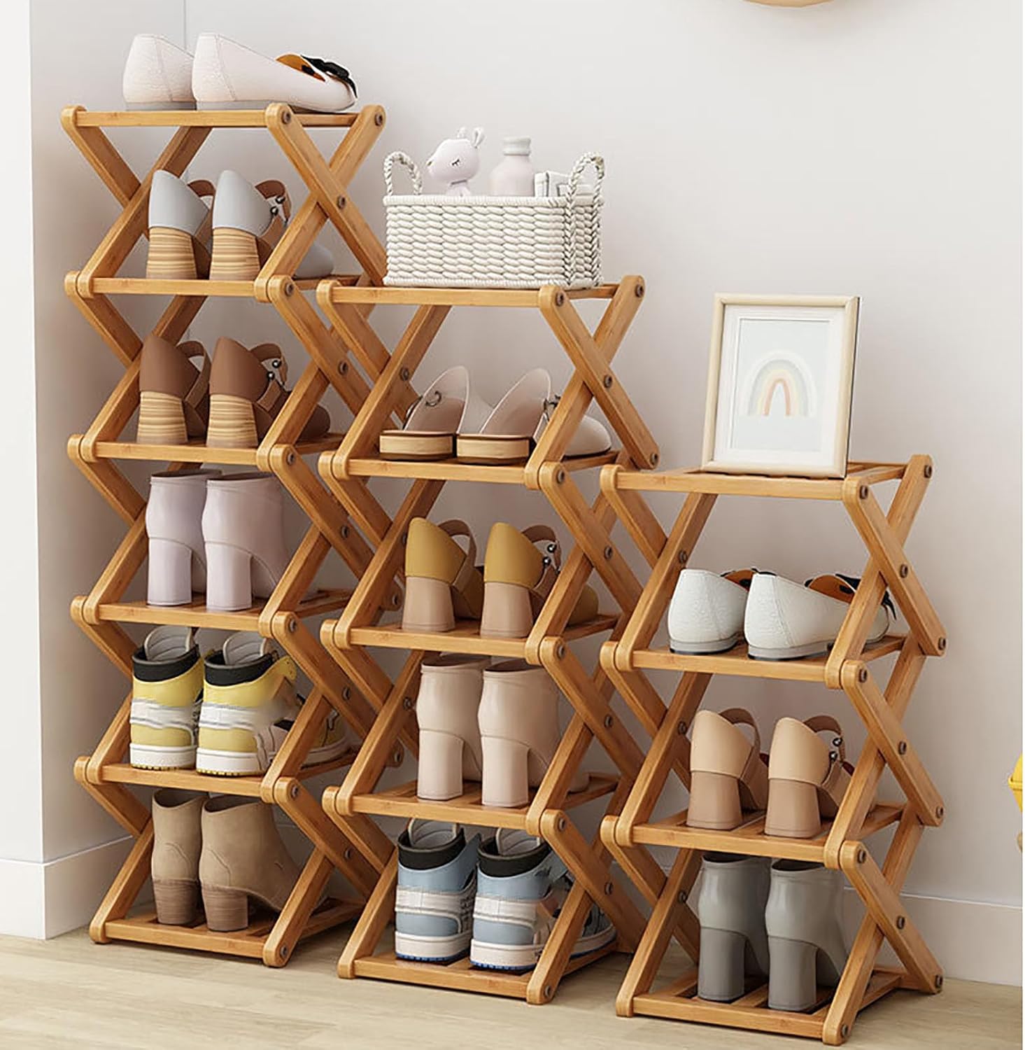 The 9-Tier No-Assembly Bamboo Rack, Foldable Vertical Organizer, Vertical Shoe Organizer for Small Spaces, for Entryway, Closet, Bedroom, Small Spaces (Nature, 9 Layers)