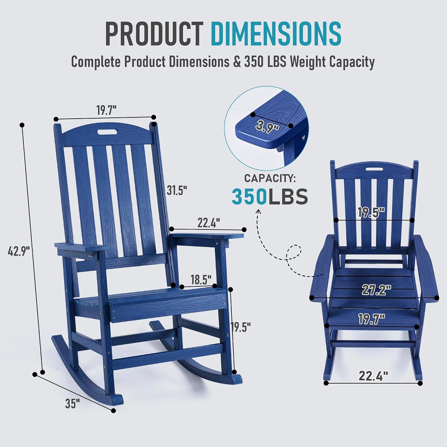 Outdoor Rocking Chair, Oversized Rocking Chair for Adults, HDPE Material, High Back Porch Rocker, All-Weather Resistant for Patio, Porch, Garden, Backyard, Deck, Blue