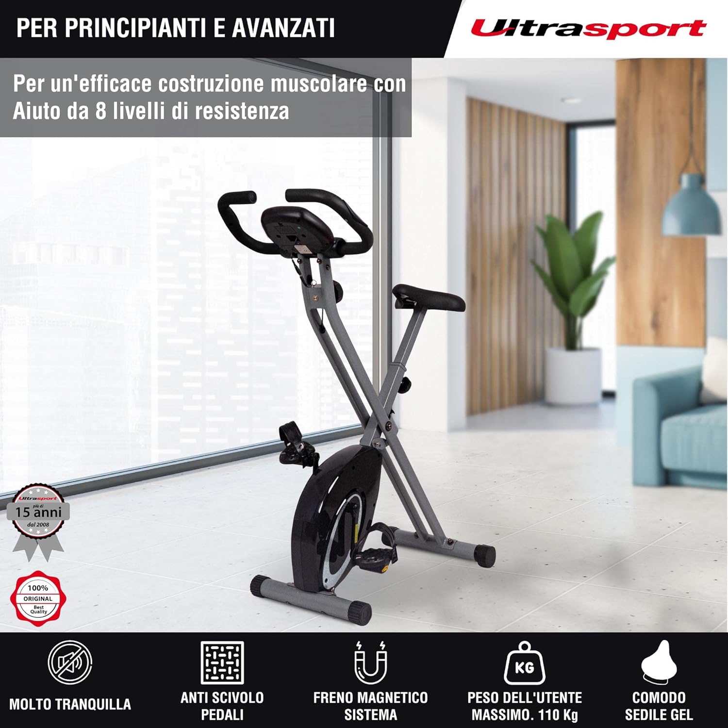 Ultrasport F-Bike, cyclette, istruttore domestico, forma fisica cyclette pieghevole, calcolatore allenamento integrato, sensori palmari, pieghevole, 8 livelli resistenza, ideale per grandi e piccini - Immagine 4