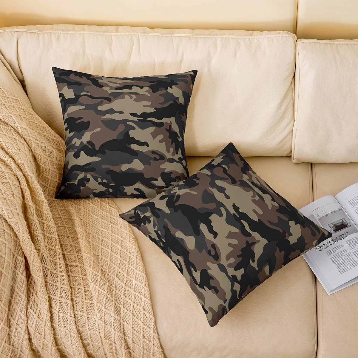 Feelyou Camouflage Throw Pillow Covers for Couch Sofa Bed, Set of 2 Camo Army Green Brown Black Decorative Pillows Cushion Covers, Military Style Pillow Inserts Not Included, 24x24 inch
