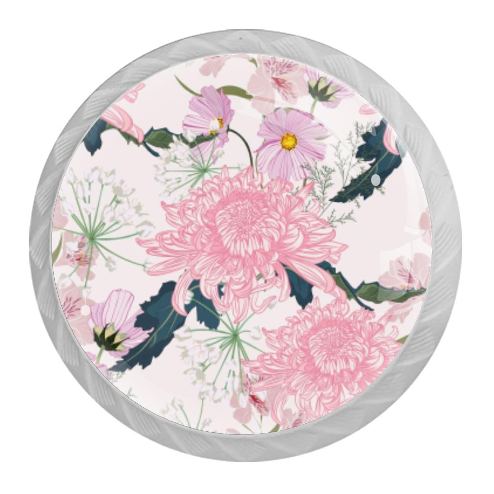 Tqmspg 4 Pieces Drawer Pulls Pink Blossom Flowers Door Knobs Dresser Handles for Kitchen Wardrobe Cupboard Hardware Furniture