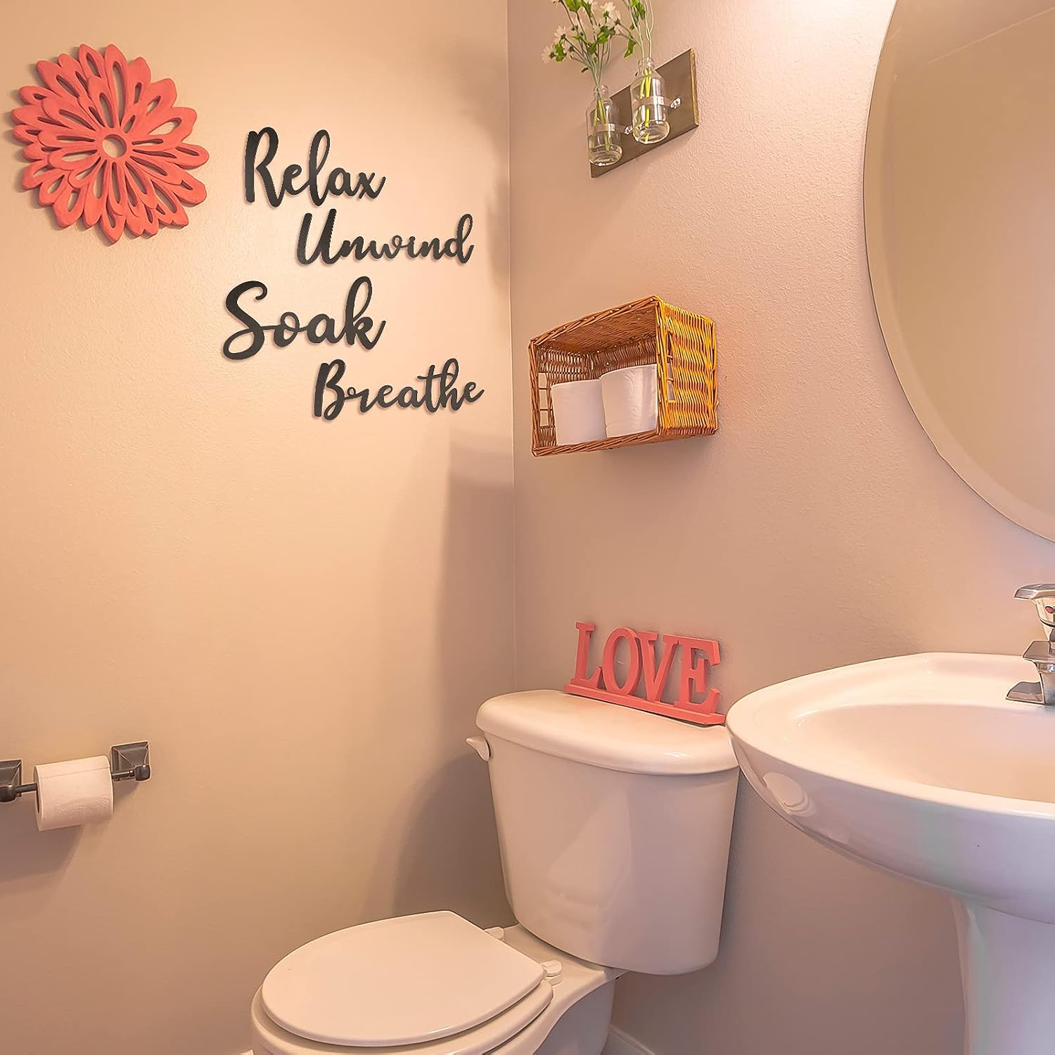 Jetec 4 Pcs Black Bathroom Wall Decor Wooden Bathroom Sign Large Soak Relax Unwind Breathe Plaque Wall Arts Accessories for Toilet Dressing Room Laundry Room Decorations