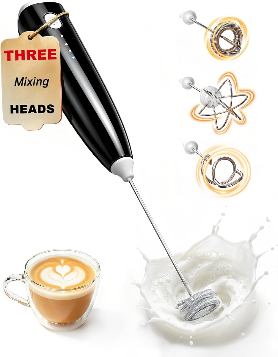 Espumador De Leche De Mano,Mezclador Y Varita De Bebidas Eléctricas Portátiles,Batidor De Huevos-Negro | USB C recargable | 3 batidores desmontables | 3 velocidades ajustables | Funcionamiento silencioso | Para café, café con leche, matcha y proteína en polvo.