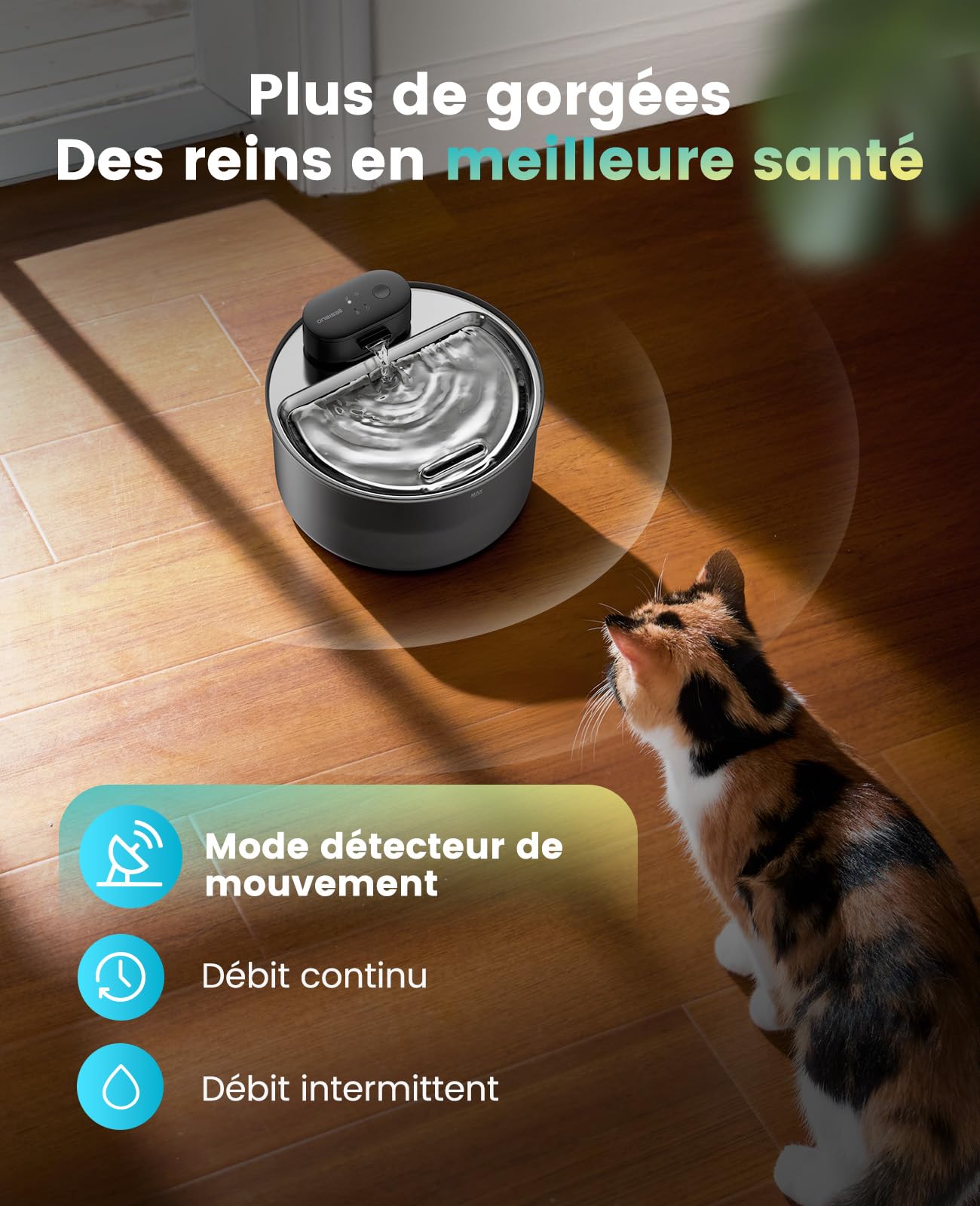 oneisall Fontaine à Eau sans Fil pour Chat 3,2 L, Bac en Acier Inoxydable | Pompe Intégrée SilentFlow™ 20 dB, Batterie 4000 mAh, autonomie 45j, recharge USB-C, 3 Modes d'Eau, ABS/PP certifié ISCC