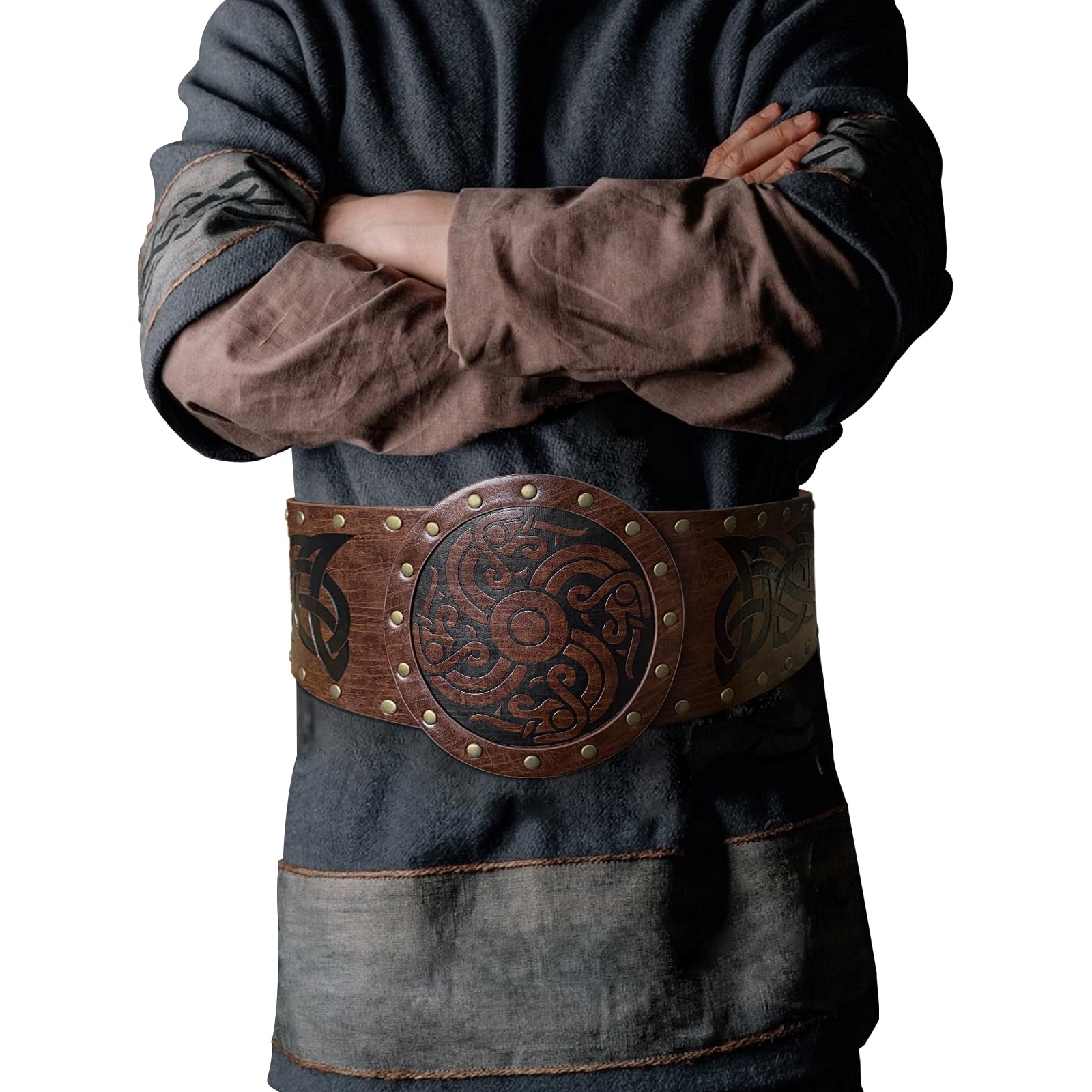 HiiFeuer Viking Embossed Wide Belt, Nordic Faux Leather Armor Belt Knight Corset Belt, LARP Costume (Brown B)