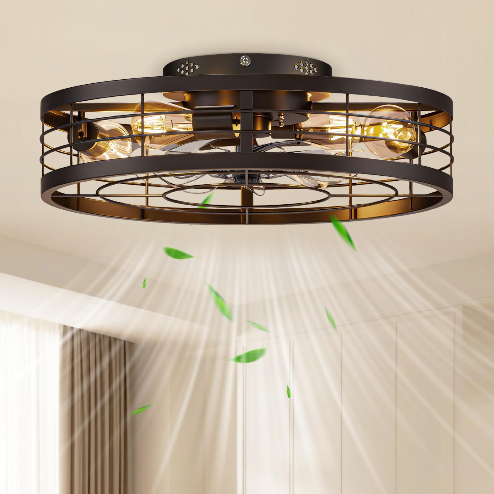 VOLISUN Caged Ceiling Fan with Light and Remote,19.7 inch Fandelier Ceiling Fan with Light Flush Mount, Farmhouse Bladeless Ceiling Fans with Lights for Kitchen,Bedroom