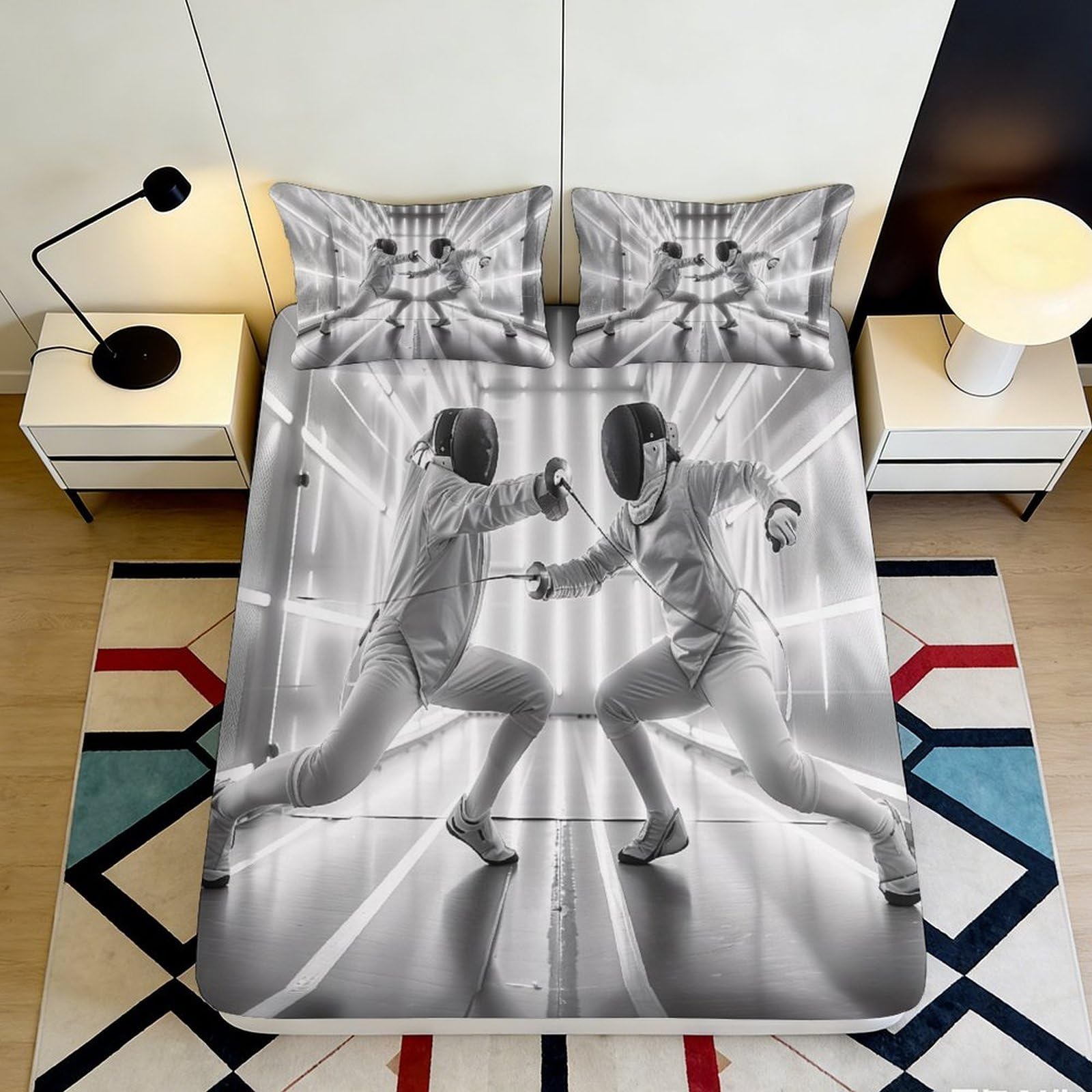 3D Printed Fencing Match Fitted Sheet Microfiber Black White Athlete Duel Bed Cover for Bedroom Dorm Mattress Decor 90x200x25cm
