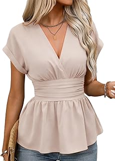 Astylish Womens Cap Sleeve V Neck Cinched Waist Business Casual Peplum Tops | Elegant Dressy Tops,Date Night,Going Out Outfits,Flowy Blouse,Smocked Ruched Waist Shirts,Trendy Teacher Outfits