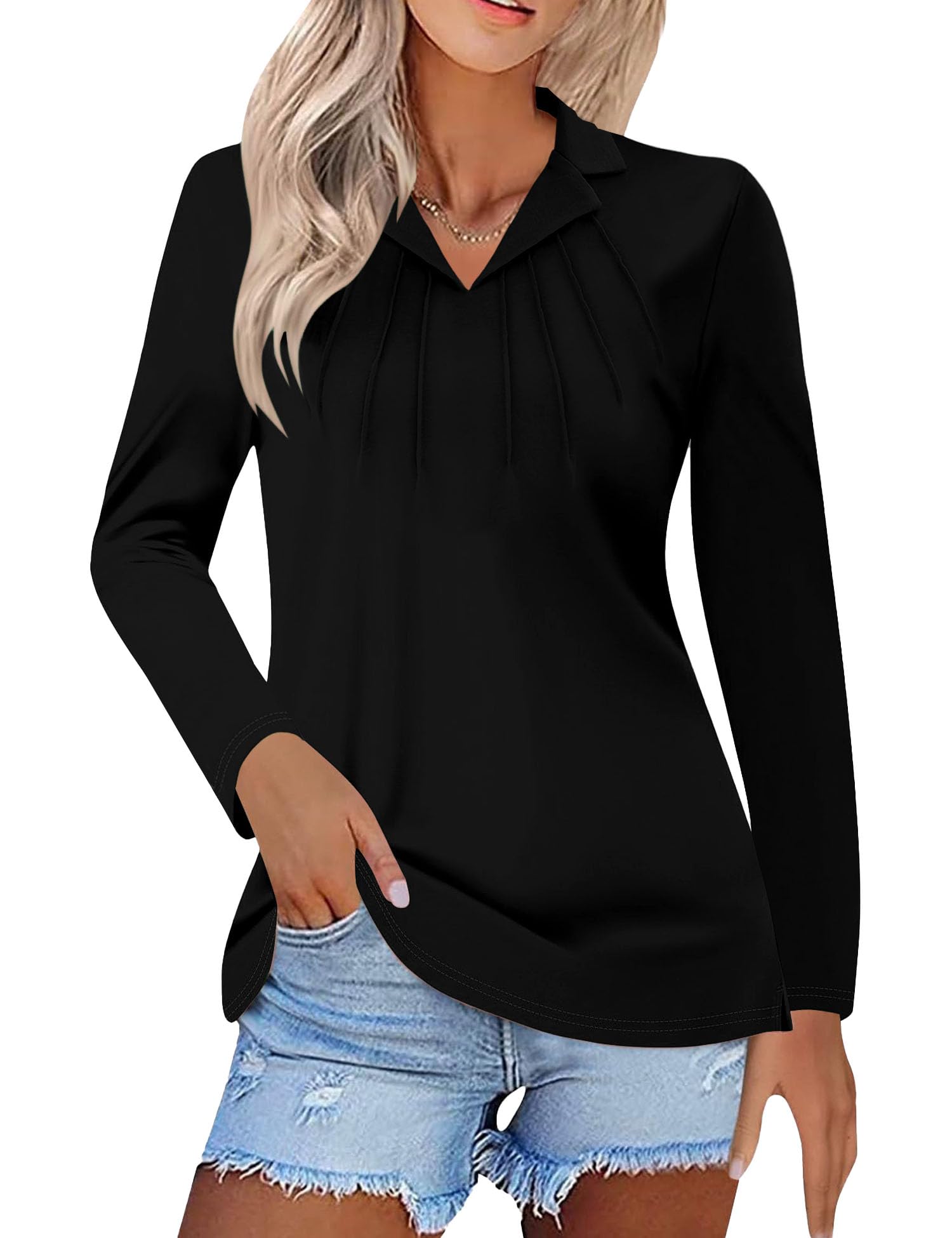 Womens V Neck Polo Shirts Long Sleeve Collared Tops Fall Loose Golf Casual Tunic Blouses