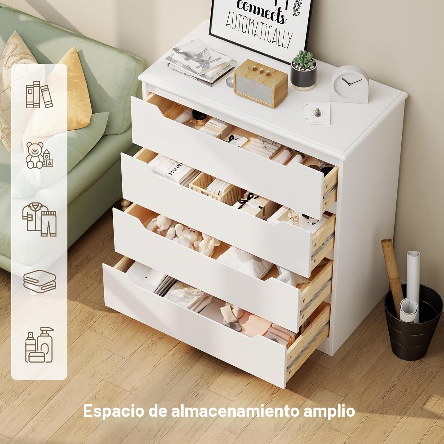 Bealife Cómoda de Dormitorio con 4 cajones espaciosos, Armario con cajones con Tiradores recortados y Bloqueo antivuelco, Ideal para salón, Oficina (Blanco)