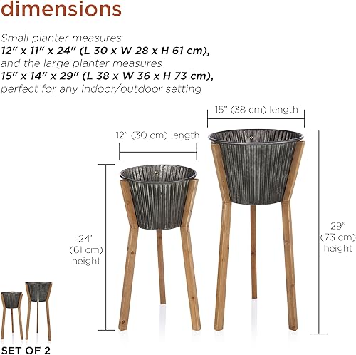 Miniatura 3 de Alpine Corporation Macetas de metal para interiores y exteriores con soportes de madera y agujeros de drenaje (juego de 2)