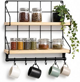 SOGUD Mutfak Rafı - 2 Katlı Baharatlık ve 6'li Kupa Askısı - Duvar Tipi Metal Ahşap Mutfak Düzenleyici - 40x30x10 cm - Çay Kahve Organizeri - Çivi ve Vida Dahil Değildir