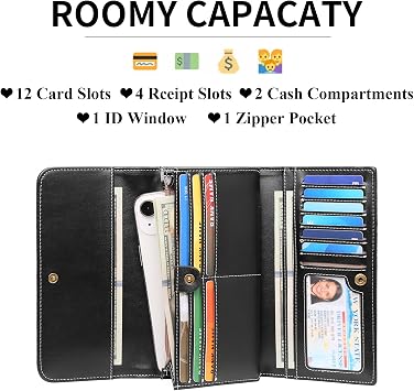 GOIACII Purses for Women RFID Blocking Large Ladies Wallet Leather with Multiple Card Slots Black