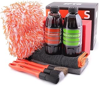 SPTA Kit de lavado de autos, kit de limpieza y lavado de autos (9 artículos, incluyendo champú de lavado de autos de 2 a 16 onzas, 1 guante de microfibra, 1 esponja roja para lavado de autos, 2