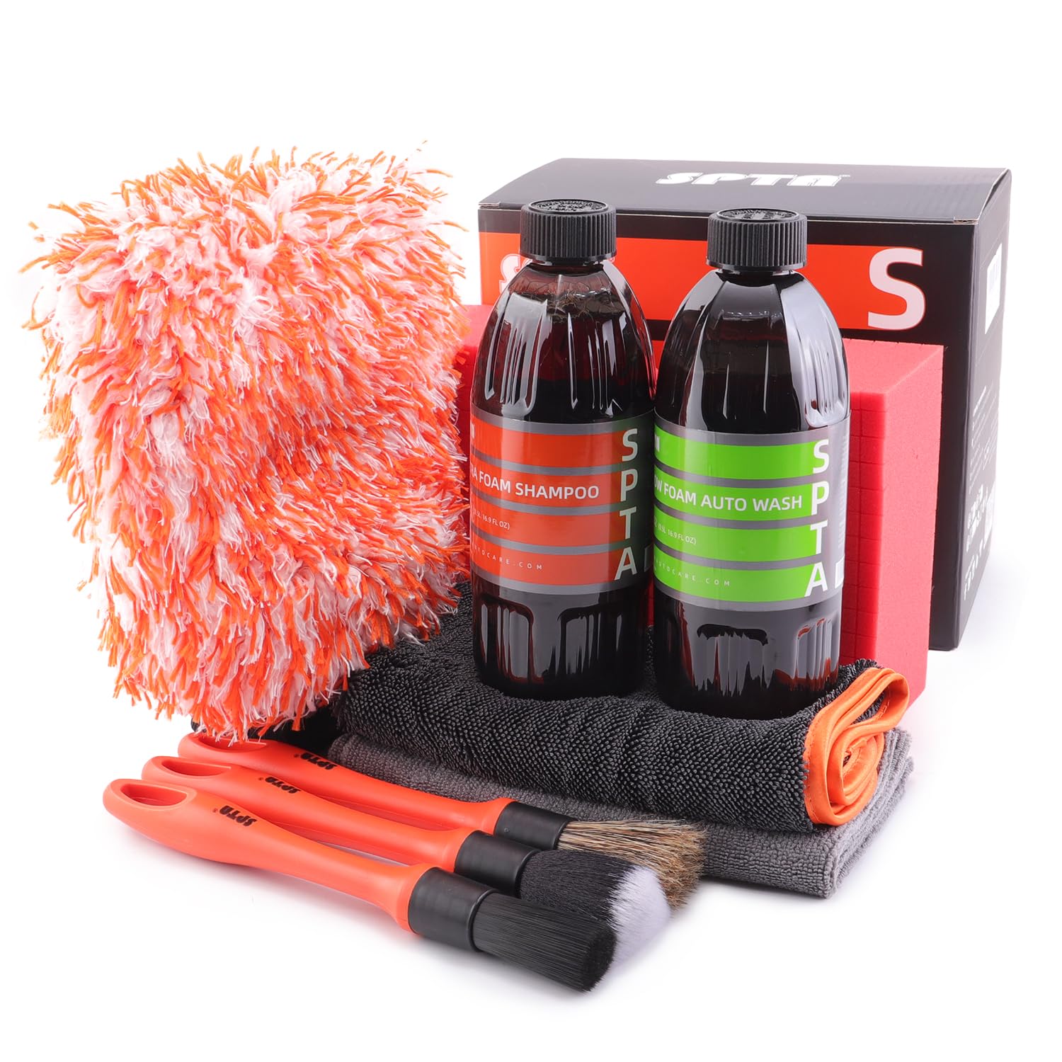 SPTA Car Wash Kit, Clean & Car Wash Kit (9 Items, Including 2-16oz. Car Wash Shampoo, 1Pc Microfiber Mitts,1Pc Red Car Wash Sponge, 2Pcs 16"x16" Microfiber Detail Towels and 3Pcs Car Detail Brush