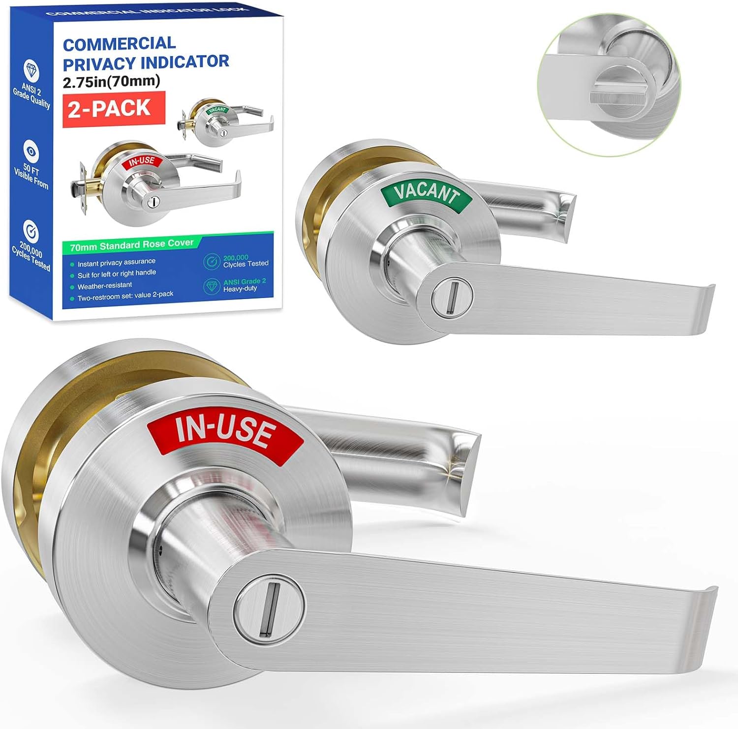2Kit Commercial Bathroom Door Lock, Vacant Occupied Bathroom Lock, in-Use Indicator Privacy Door Lock, Occupied Door Handle for Restroom/Office/Bars/Hospital（Medium 70mm）