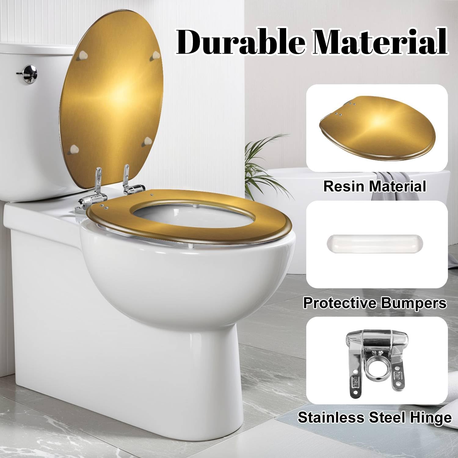 Elongated Toilet Seat Shiny brushed gold color metal Resin Toilet Seat Quietly Slow Close with Quick-Release Hinges Toilet Seat with Cover Easy to Clean Install