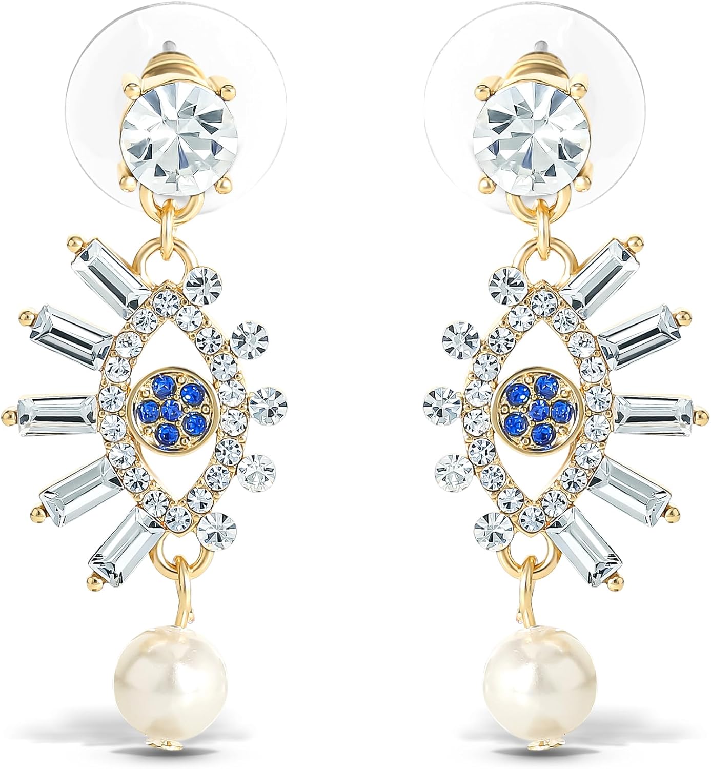 Jessica Simpson Womens Evil Eye Dangle Earrings - Gold-Tone Evil Eye Earrings with Pearl and Rhinestones