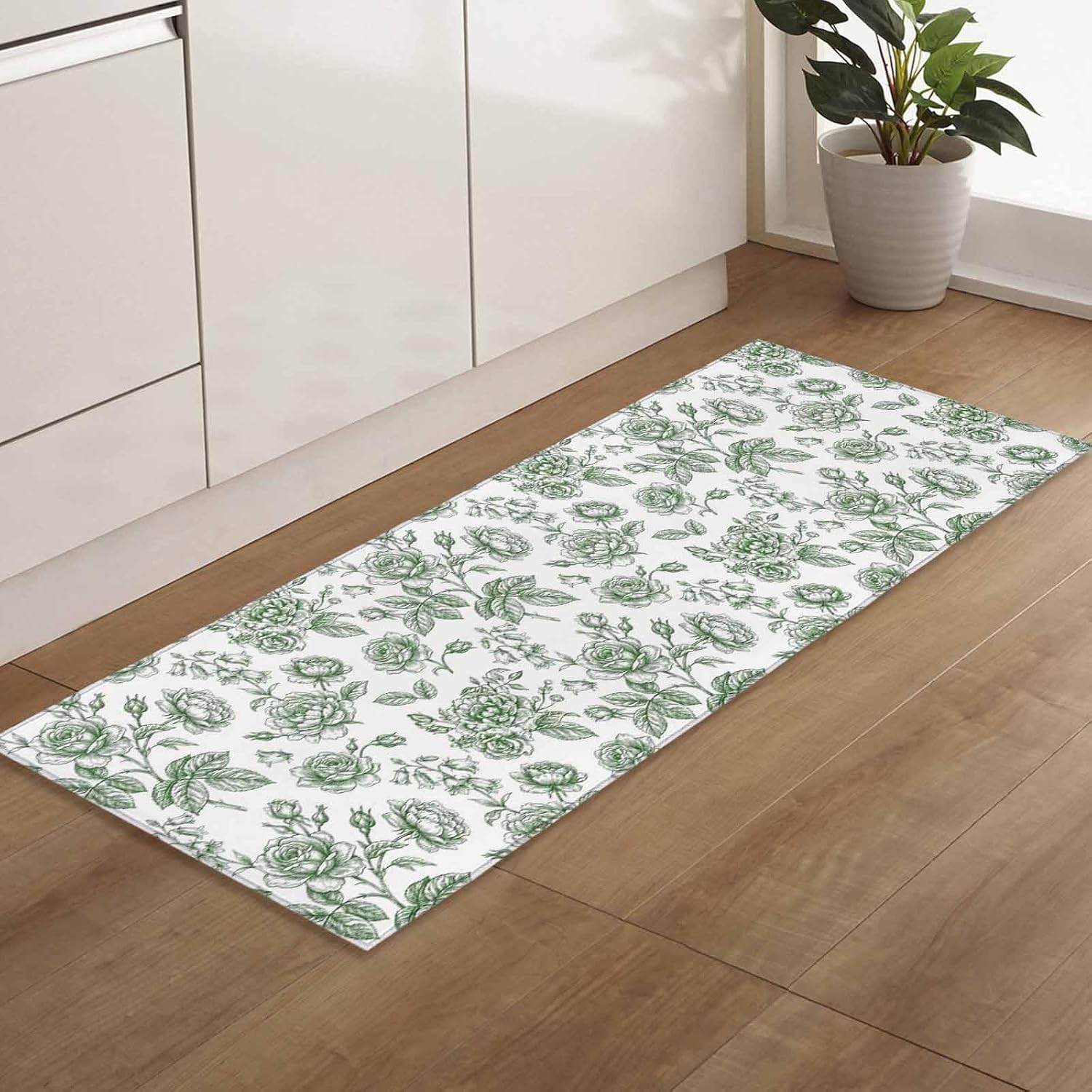 Teamery Kitchen Mats for Floor Watercolor Rustic Rose Flower Washable Non Slip Kitchen Rugs 1PCS, Country Floral Leaf Seamless Absorbent Standing Mats for Sink Bathroom Office Living Room 15.7x47.2in