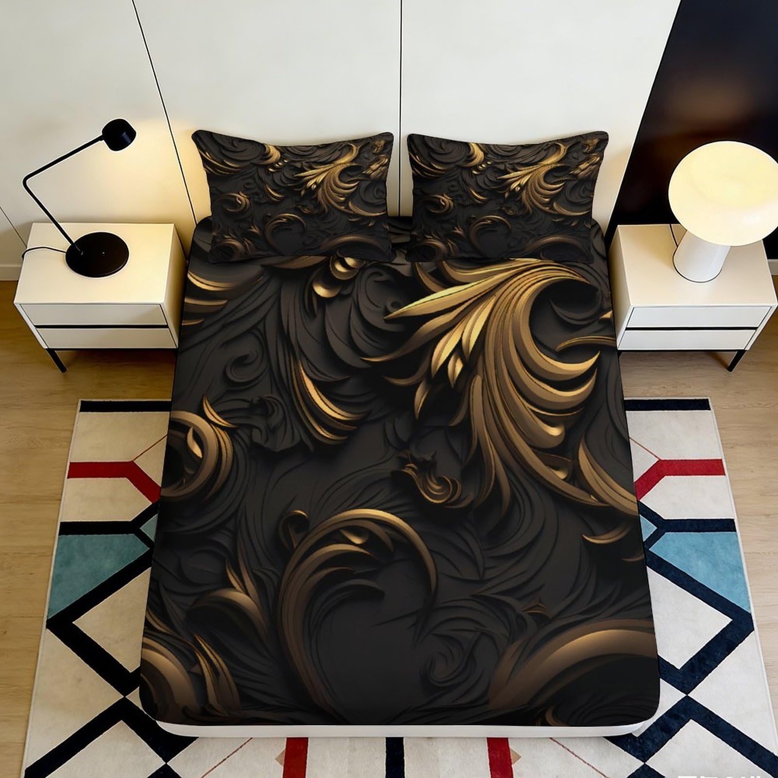Uxinyoume Style-3 3D Printed Baroque Black Gold Fitted Sheet Microfiber Soft Ornate Leaf Bed Sheet Bedroom Decor Mattress Cover 90X200x25cm