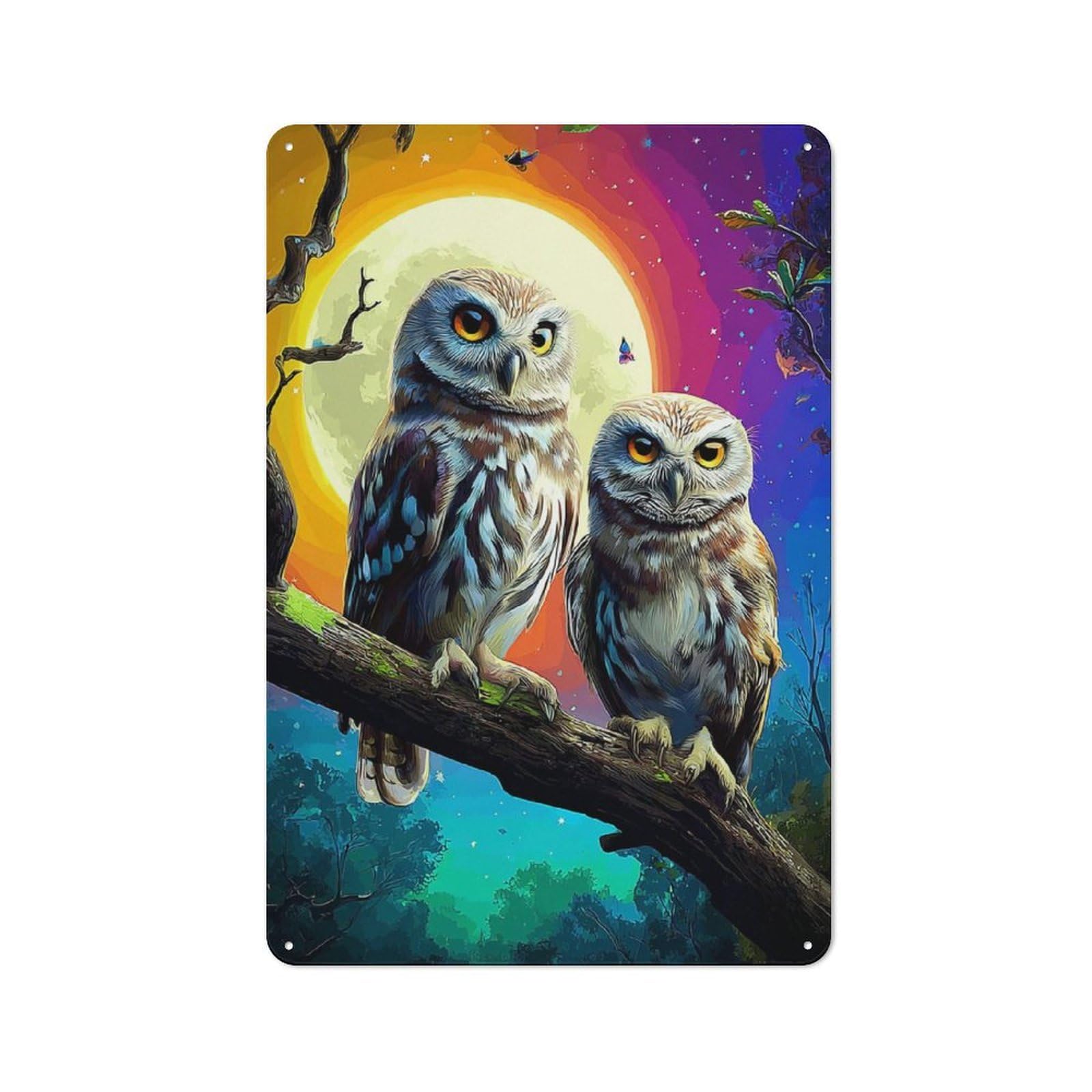 Junmoney Owl Duo Under The Moonlit Sky Rustic Metal Wall Sign 30X20cm For Kitchen Or Home Bar, For Garage, Workshop And Man Cave Decoration