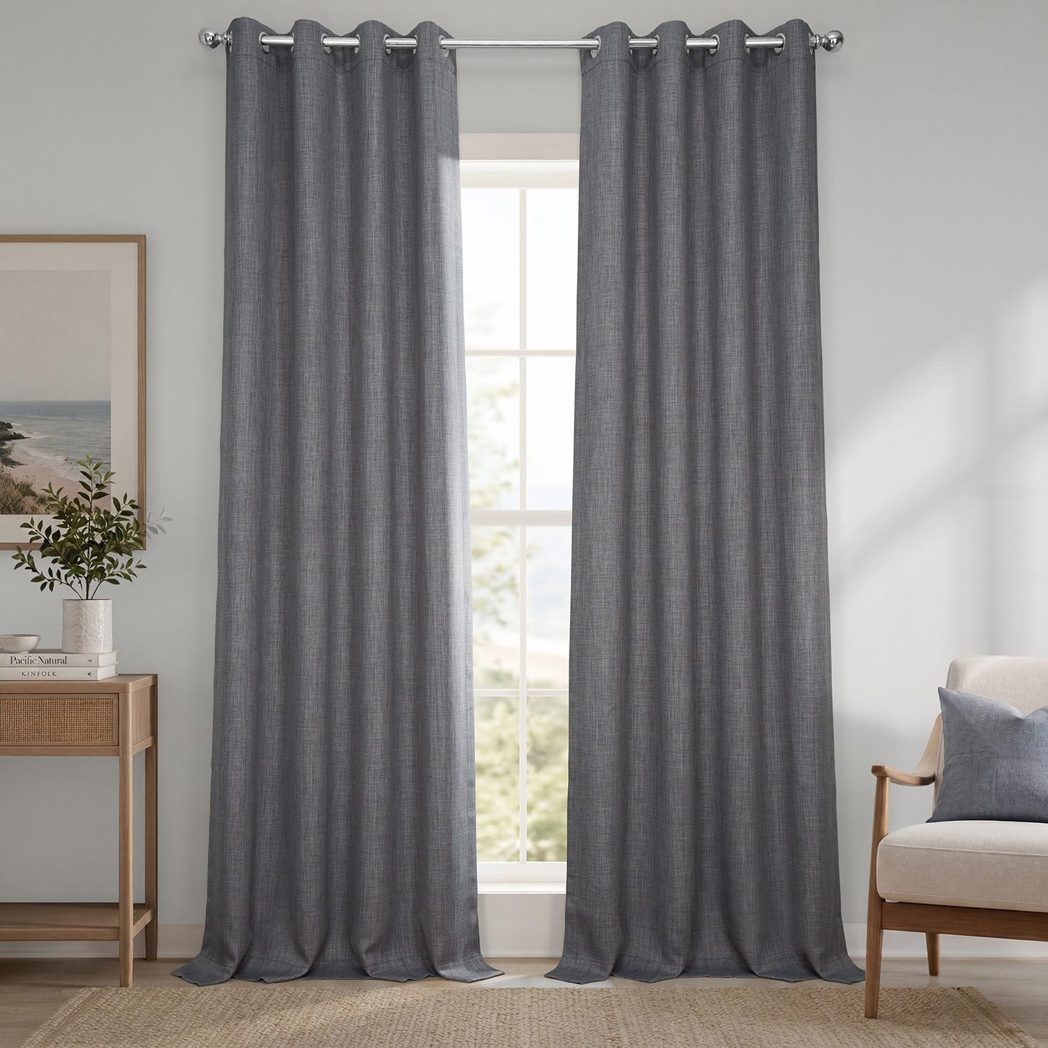 Grommet Faux Linen Curtains for Living Room (1Panel) 50W X 96L, Blazer Grey
