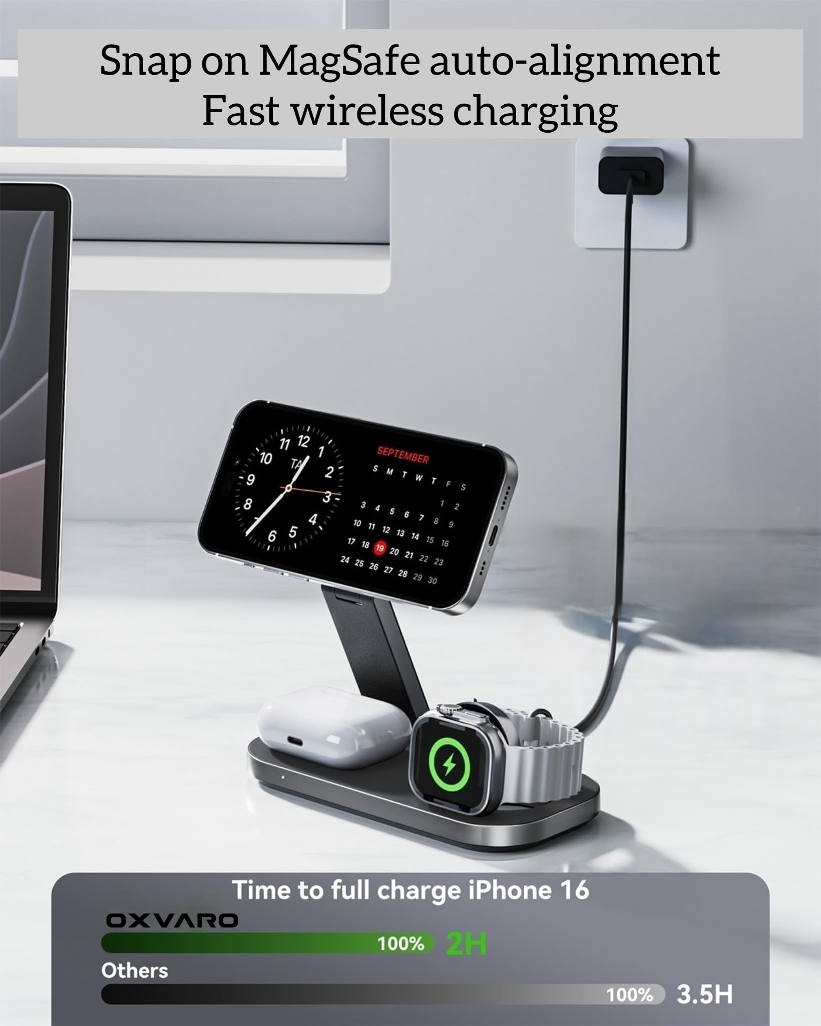 3 in 1 Wireless Charging Station - Foldable Wireless For iPhone, Apple Watch And AirPods | Travel-Ready iPhone Magsafe Charger Stand | Compact Fast Charge Stand | Adapter Included (Black) — view 2
