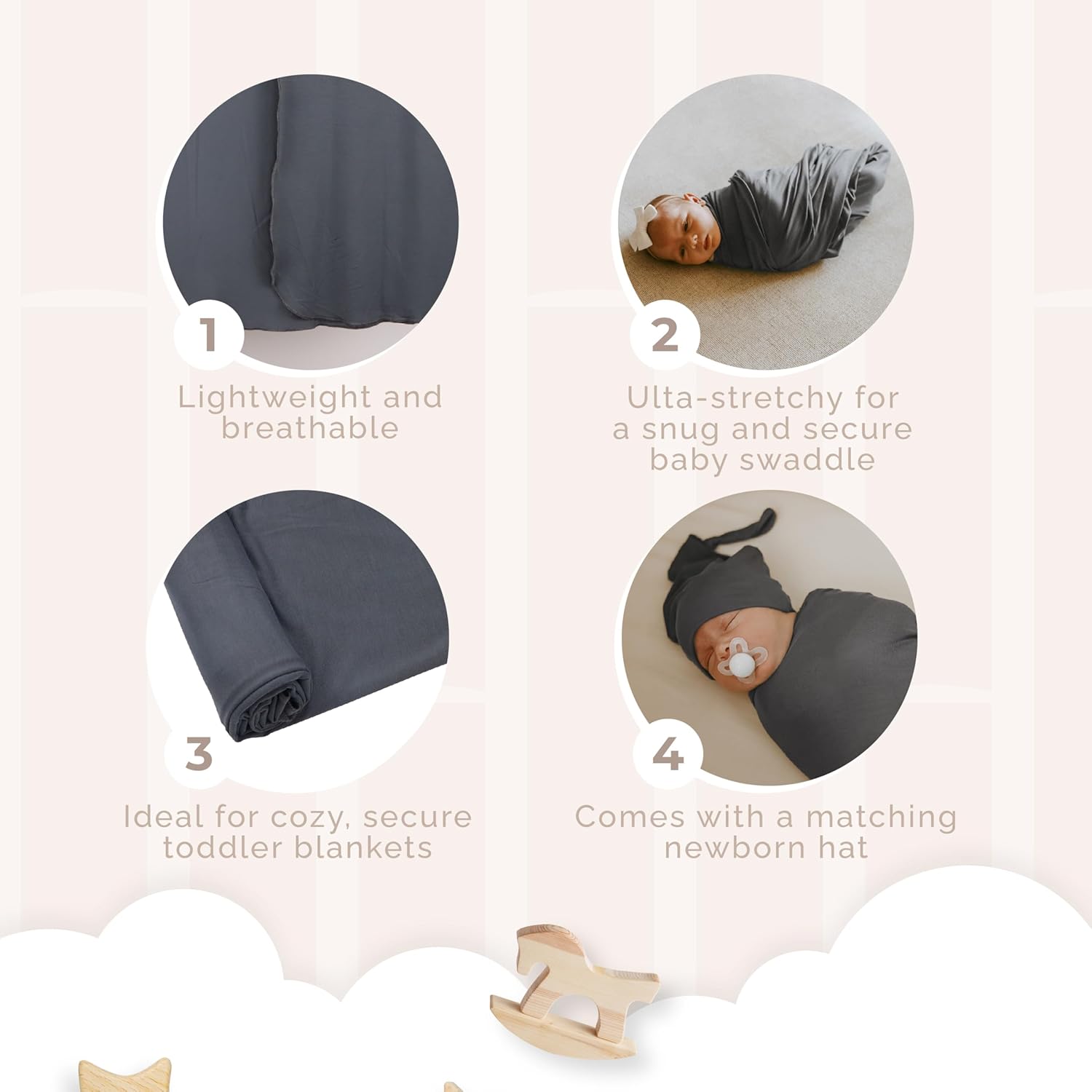 Nyte Nyte Baby - Swaddle Receiving Blankets with Matching Beanie Set Newborn Nursery Swaddle Wrap for Baby, 120 * 120 cm (Gray)