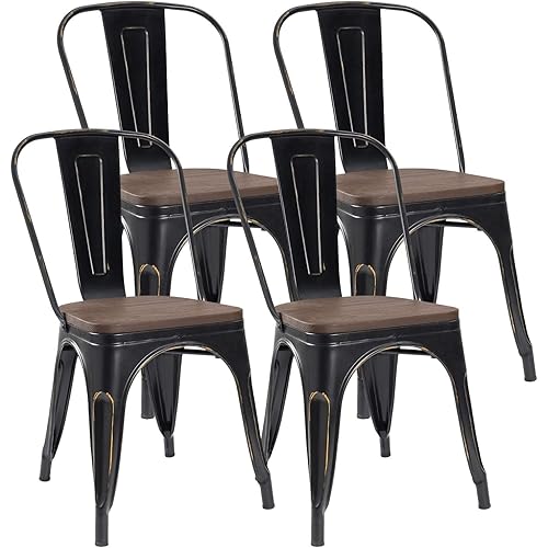 Metal Dining Chairs Classic Iron Stackable Industrial Vintage Trattoria Wooden Seat and Back, Indoor-Outdoor Side Settee for Home Bistro Cafe Kitchen Restaurant Set of 4, Black and Gold
