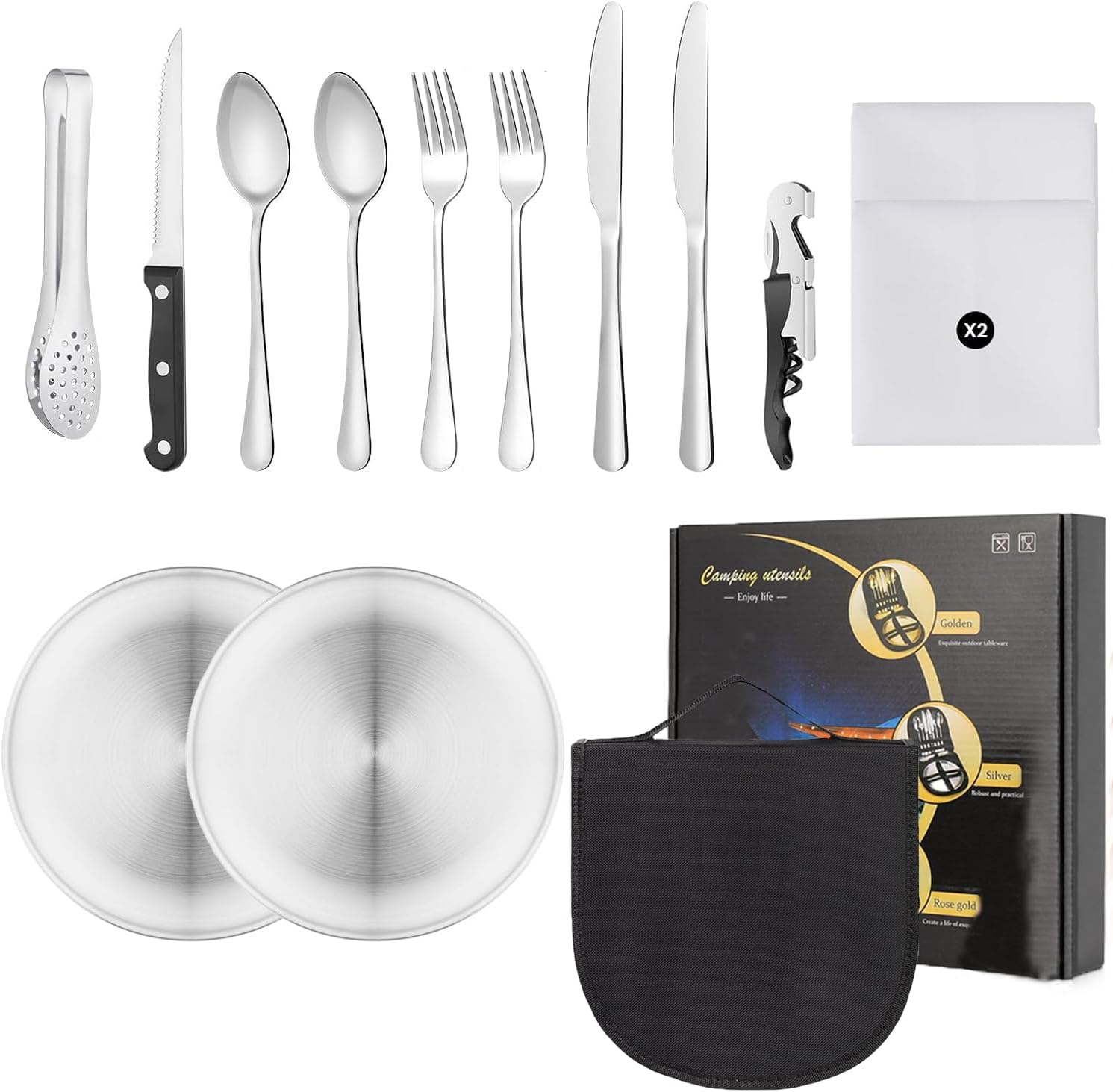 Camping Dining Set for 2, Picnic Set 14 Pcs, Picnic Knife and Fork Sets with Spoons Clip Camping Plate Bottle Opener, Hiking Picnic Travel Cutlery Set Fishing Gifts for Men