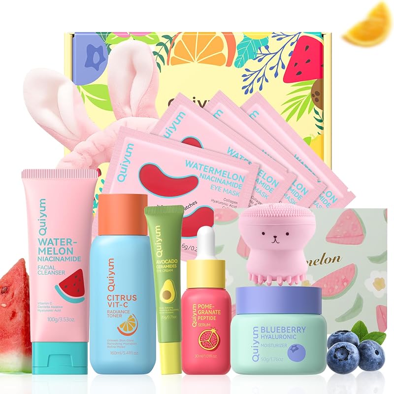 QUIYUM Daily Skincare Set for Young Women, 6-Piece Facial Care Routine | Natural Fruit Kit with Peptide, Vitamin C & Ceramide - Smoothing & Radiance Care, Gifts for Young Women