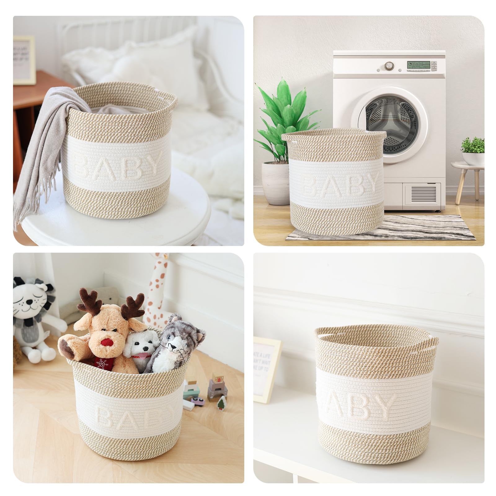 INough Toy Storage Baskets Woven Cotton Rope Blanket Storage Basket for Kids, Baby Baskets for Living Room Toys Organizer with Embroidery Decor, Clothes Hamper with Handle for Nursery, Playroom (Baby)