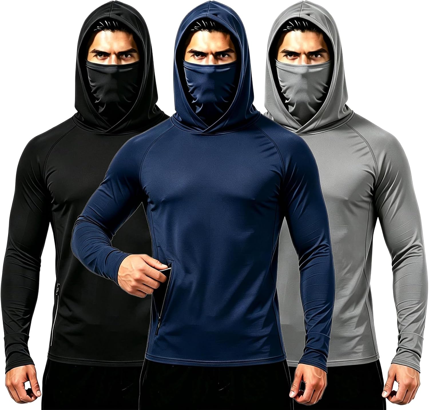 6 Pack Men's Long Sleeve Hoodie,with Built-in Face Mask sun Protection Shirt Fishing Running Gardening Outdoor Work