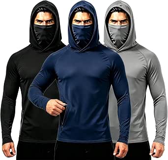 Men’s Long-Sleeve Sun Protection Hoodie with Built-In Face Mask, 6-Pack