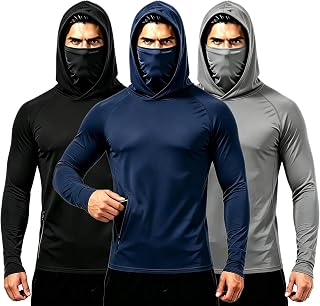 6 Pack Men's Long Sleeve Hoodie,with Built-in Face Mask sun Protection Shirt Fishing Running Gardening Outdoor Work