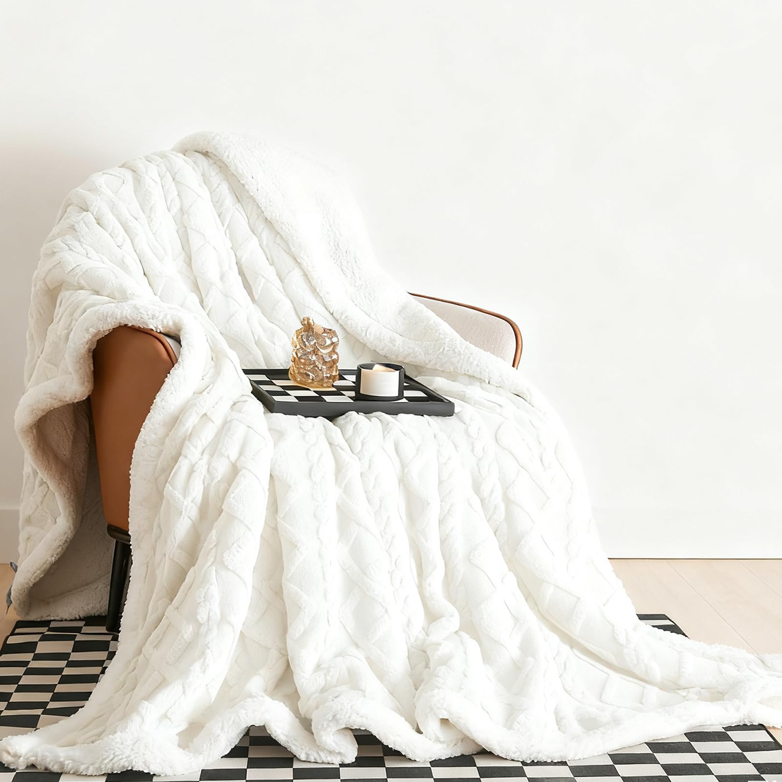 Manta de Franela y Borreguito - Reversible Manta Sofa Invierno para Cama, 100% Poliéster, Suave y Caliente(130×160cm, Blanco)