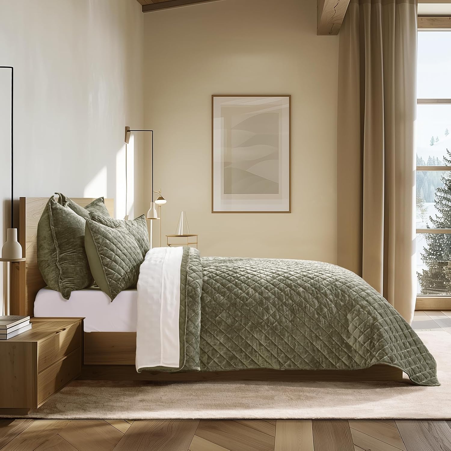EVERGRACE Luxury Velvet Quilt Set King Size, Diamond Quilted Lightweight Velvet Comforter for All Season, Ultra Soft Oversized Bedspread Coverlet Bedding Set with 2 Pillow Shams, Olive Green - Image 3
