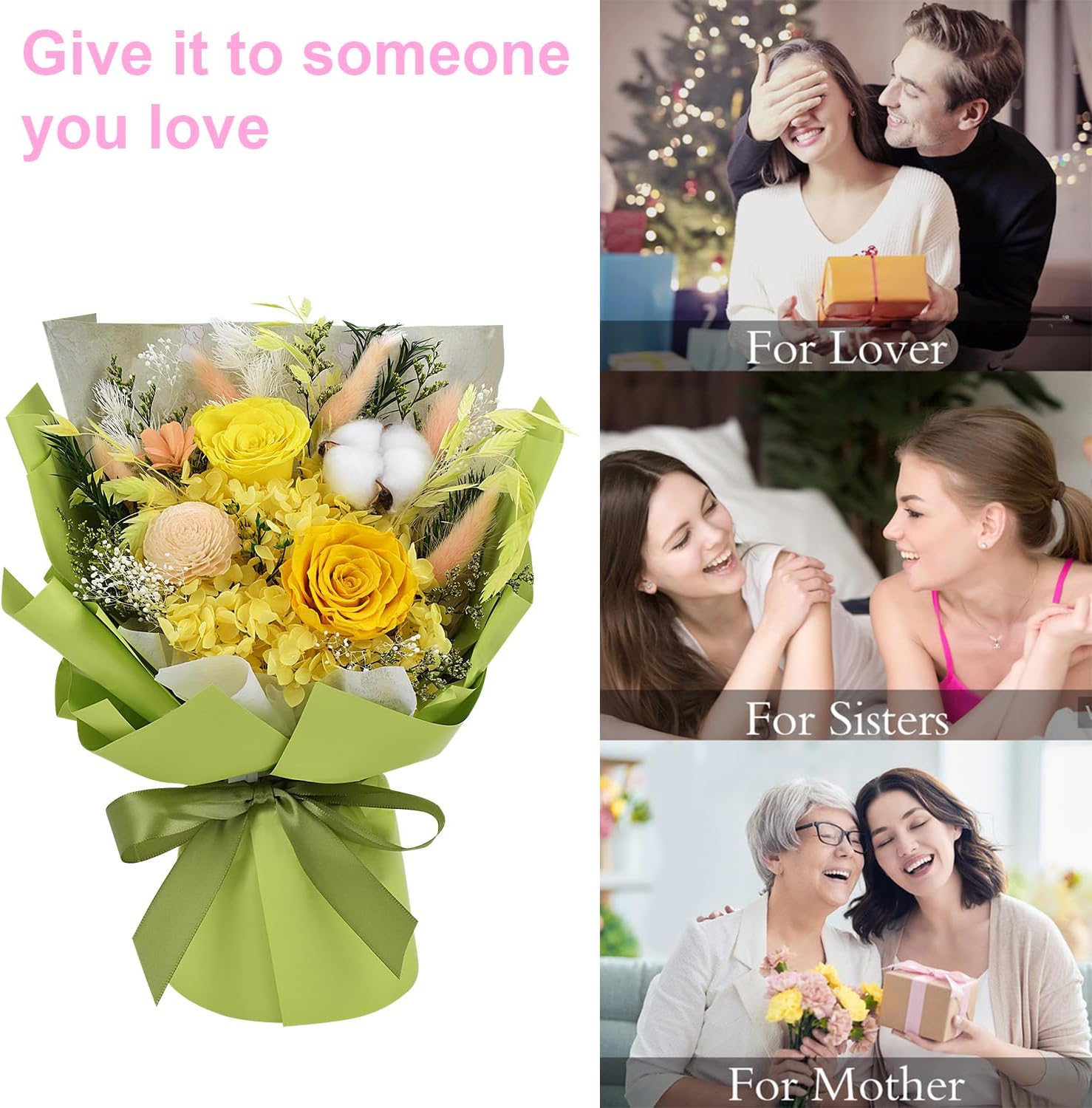 Preserved Flowers Bouquet, Forever Flowers-Flowers for Delivery Prime, Romantic Floral Keepsake for Birthday, Anniversary or Valentine’s Day Gifts (with Vase) (Green)